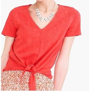 ​J. Crew Red Textured V-Neck Tie-Front Blouse Small